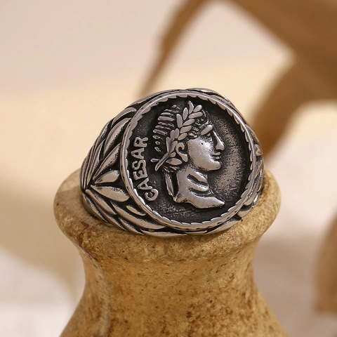 Caesar Munt Reliëf Ring 18K Verguld Roestvrij Staal Vintage Antieke Romeinse Stijl Hip Hop Sieraden Voor Heren