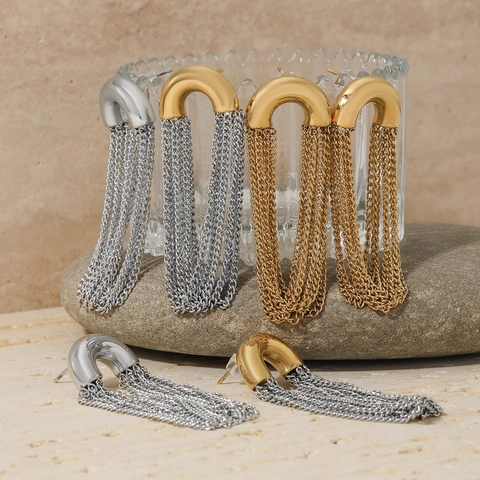 Stainless Steel Tassel Earrings Geometric Curved Chain Dangle Studs Modern Minimalist Elegant Jewelry For Women