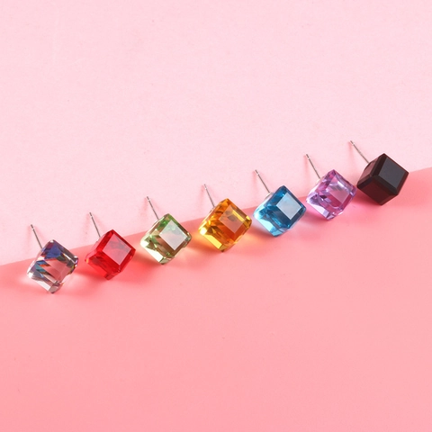 Cube Crystal Stud Earrings With 925 Sterling Silver Earring Post Square Gradient Simple Jewelry Women Men