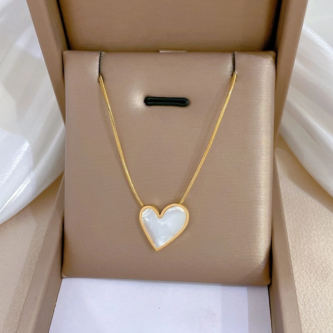Hart Hanger Ketting Titanium Staal Kunstparelmoer Schelp Minimalistische Slangenketting Sieraden Voor Dames