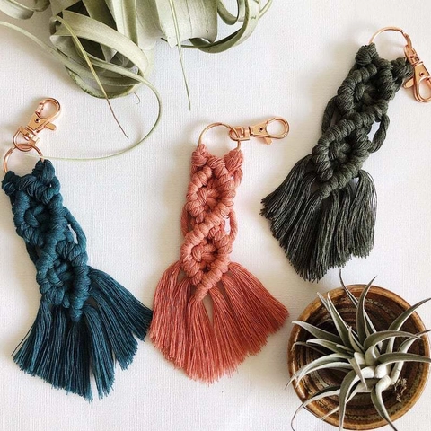 Macrame Keychain Handmade Braided Cotton Rope Tassel Bohemian Style Bag Pendant Accessory With Rose Gold Metal Clasp