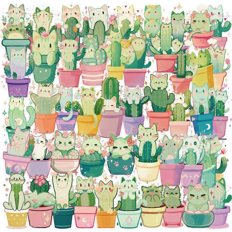 Simpatici Adesivi per Gatti e Cactus PET Impermeabili Trasparenti Decalcomanie Decorative per Diario Laptop Chitarra Fai da Te