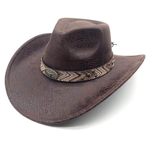 Cappello Da Cowboy Western Scamosciato Motivo Serpente Tesa Larga Con Decorazione Metallica Testa Di Toro Vintage Esterno