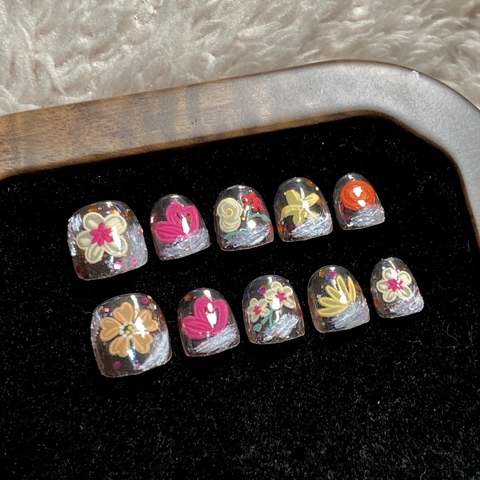 Kinderen Opdruk Nagels Handgeschilderde Bloemen Hart Glitter Transparant Kunstnagels Voor Kinderen Zoet Schattig