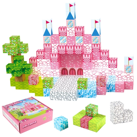 Educational Magnetic Cube Building Blocks Pink Castle With Storage Bag For Kids Girls DIY Construction Toy