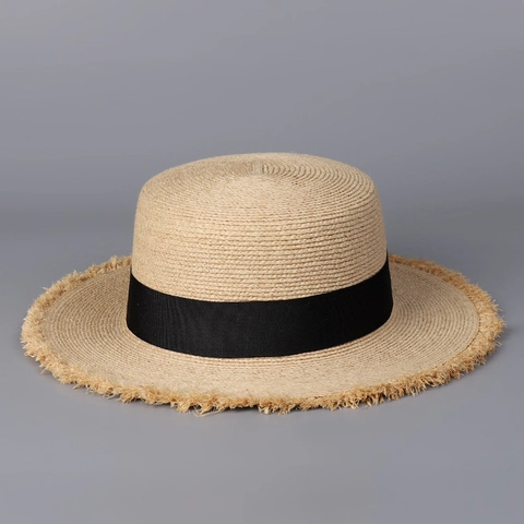 Raffia Boater Hat Flat Top Frayed Wide Brim Sun Protection Summer Beach For Women Men Black Ribbon Decor Vintage