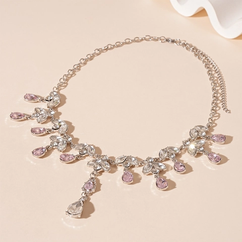 Collana Con Nappine A Goccia D'acqua E Foglia Lega Strass Rosa Chiaro Elegante Gioielli Da Festa Per Donne