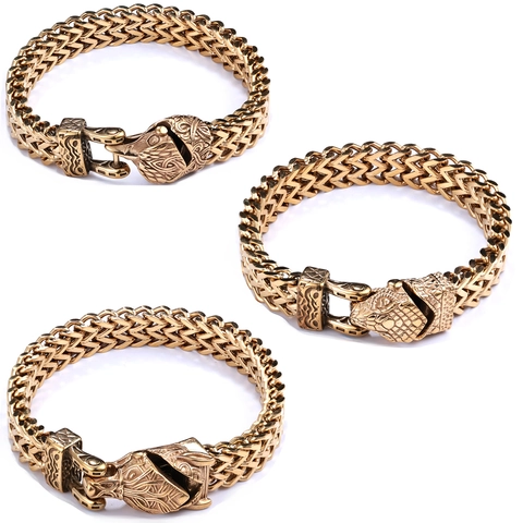 Men Woven Chain Bracelet Stainless Steel Viking Wolf Snake Dragon Head Retro Punk Gothic Jewelry Nordic Mythology