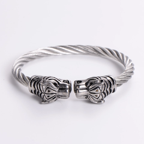 Tiger Heads Bracelet Stainless Steel Cable Wire Twisted Cuff Bangle Vintage Punk Hip Hop Jewelry For Men