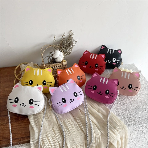 Simpatica Borsa a Tracolla per Bambini in Pelle PU Con Gatto dei Cartoni Animati Stampato Portamonete per Asilo Nido Ragazze