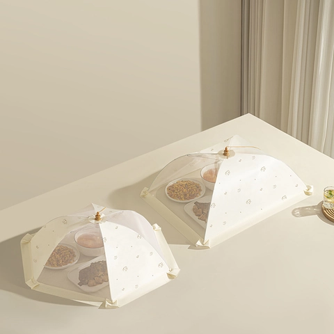 Foldable Mesh Food Cover Umbrella Breathable Dustproof Fly Proof For Dining Table Kitchen Chef Hat Pattern Wood Handle