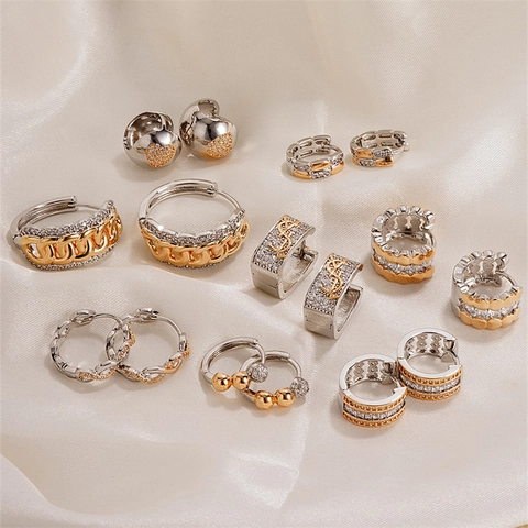Pendientes Huggie Hoop Cobre Bicolor Oro Plata Chapado Circonita Eslabón Corazón Torsade Elegante Joyería De Moda