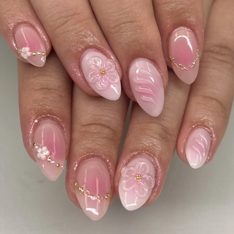 Press On Nails Almond Shape 3D Flower Blush Ombre Fake Nails With Artificial Pearl Gold Chain Ripple Texture Elegant For Women