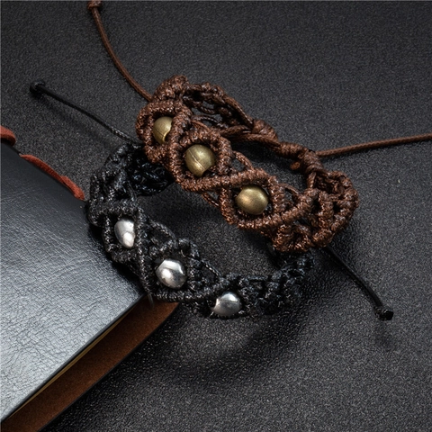 Handmade Woven Cord Bracelet With Alloy Beads Adjustable Drawstring Retro Ethnic Style Jewelry For Men Women