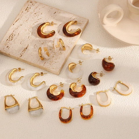 Vintage C-Shape Hoop Ohrringe Edelstahl 18K Vergoldet Resin Bernstein Schildpatt Muster Für Damen High-End Schmuck