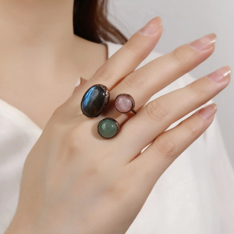 Natural Labradorite Rose Quartz And Green Aventurine Adjustable Open Ring Vintage Hammered Metal Bohemian Jewelry For Women