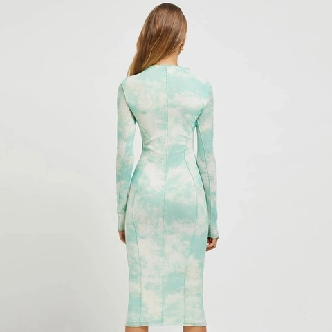Vrouwen Sexy Tie Dye Lange Mouw Bodycon Midi Jurk Ronde Hals Stretch Slim Fit Clubwear Party Street Style Jurk