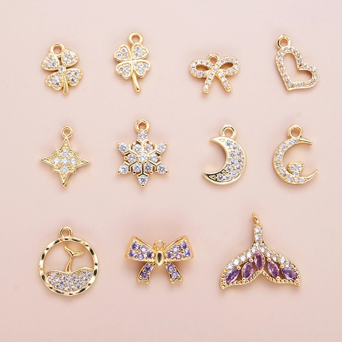 DIY Jewelry Charms Gold Plated Copper Zircon Inlaid Bow Heart Clover Star Moon Whale Tail Shapes For Bracelet Crafting
