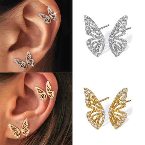 Butterfly Stud Earrings With Earring Post Copper Plated Gold Hollow Zircon Jewelry For Women Elegant Sweet