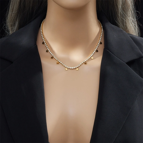 Achtpuntige Ster Ronde Schijf Hanger Ketting Roestvrij Staal Verguld Strass Rij Ketting Minimalistisch Voor Vrouwen