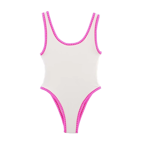 Damen Badeanzug Weiß Kontrast Rosa Wellenförmiger Besatz Tiefer U-Ausschnitt Ärmellos Strandmode Schlankmachend