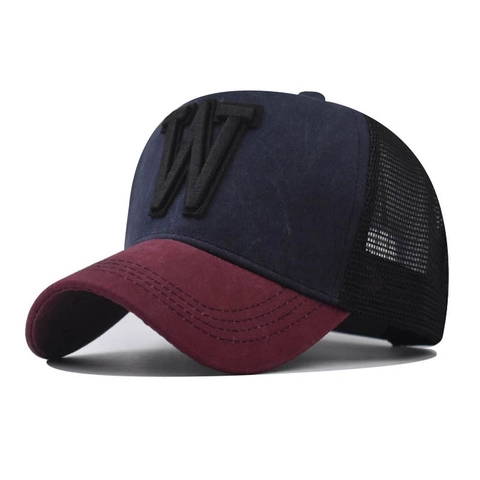 Unisex Baseball Cap 3D Letter W Embroidery Washed Distressed Trucker Hat Breathable Mesh Back Outdoor Sports Sun Hat
