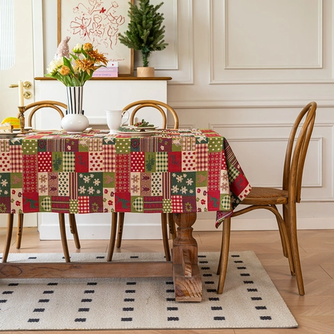 Nappe De Noël Rectangulaire Jacquard Polyester-Coton Vintage Américain Festif Renne Flocons De Neige Décoration Maison