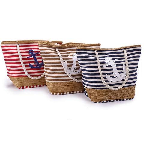 Large Capacity Canvas Beach Tote Bag For Women Nautical Striped Anchor Print Cotton Rope Handle Holiday Travel Handbag