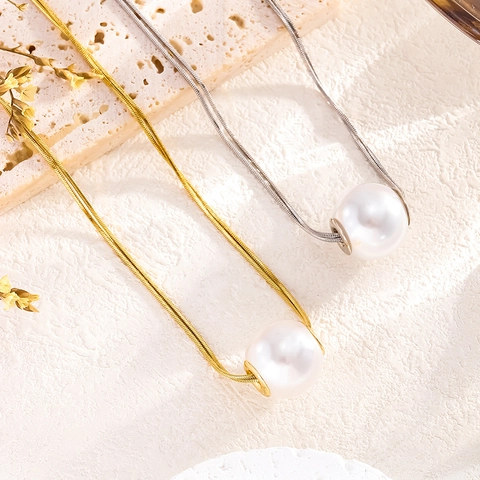 Elegante Collana a Doppio Strato in Acciaio al Titanio Con Ciondolo a Perla Artificiale Grande Gioielli Moda Oro Argento per Donna