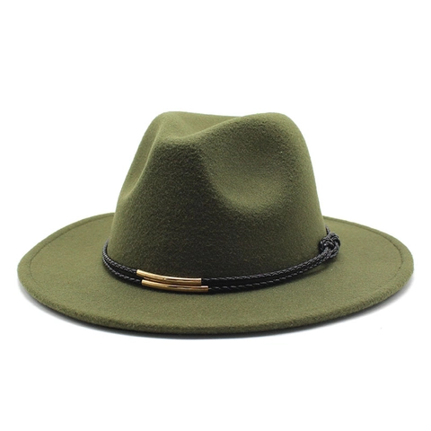 Fedora Hat Woolen Felt Wide Brim Vintage British Style Jazz Cap For Men Women With Braided Belt Golden Buckle Decoration