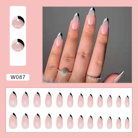 Faux Ongles À Presser Style Français Color Block Noir Blanc Forme Amande Base Rose Transparente Mode