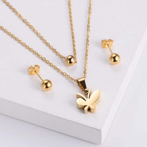 Joyas De Acero Inoxidable Para Mujer Collar De Doble Capa Colgante Mariposa Pendientes De Bola Moda Accesorio