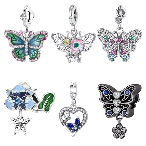 Butterfly Bee Heart Charms 925 Sterling Silver Enamel Zircon Dangle For Bracelet Necklace DIY Jewelry Making