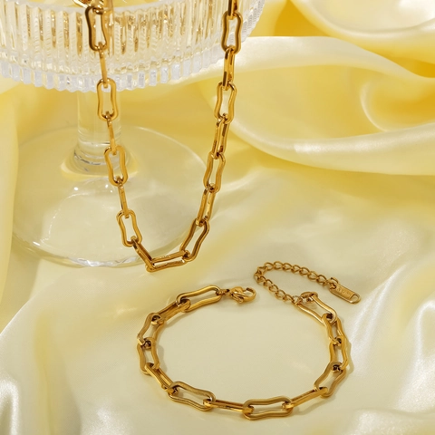 Collana E Bracciale Minimalisti In Acciaio Inossidabile Con Catena A Graffetta Placcato Oro 18K Gioielli Geometrici Donna