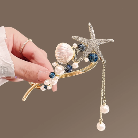 Pinzas Para El Cabello Estilo Chino Vintage Estrella De Mar Concha Flor Horquillas Con Borlas De Perlas Artificiales Aleación Joyería