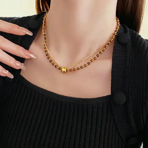 Collier Multi-Rangs Avec Pierre Oeil De Tigre Et Chaîne Serpent En Cuivre Style Français Rétro Élégant Pour Femme