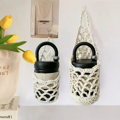 Macrame Water Bottle Carrier Hand-Woven Cotton Rope Cup Holder Net Bag Portable Hollow Mesh Sleeve For Travel Vacation