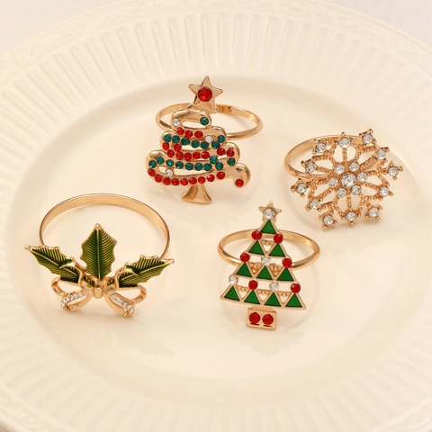 Servilleteros Árbol De Navidad Aleación Metal Dorado Con Diamantes De Imitación Esmalte Copo De Nieve Decoración