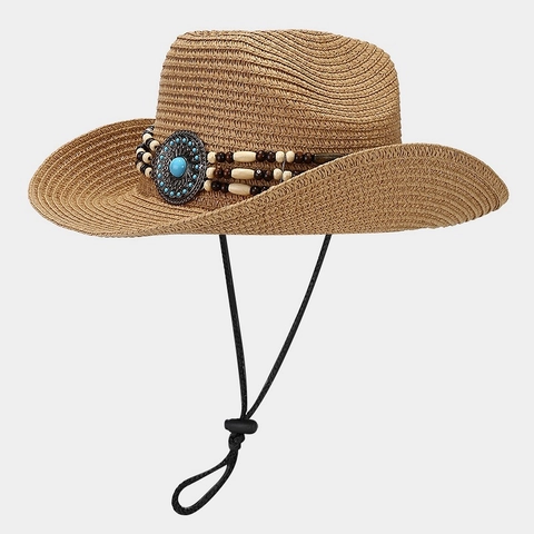Sombrero Vaquero Paja Banda Cuentas Medallón Turquesa Ala Ancha Protección Solar Playa Verano Unisex Cuerda Viento Ajustable