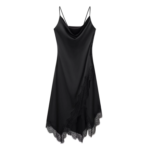 Black Satin Lace Trim Camisole Maxi Dress Sleeveless V Neck Elegant Evening Party Slim Fit Women