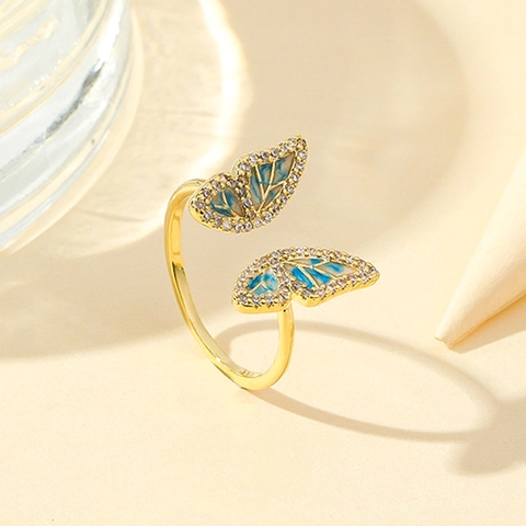 Bague Ouverte Réglable Papillon en Cuivre Plaque Or Vintage pour Femme Bijoux Émail Bleu Zirconia Incrusté Élégante