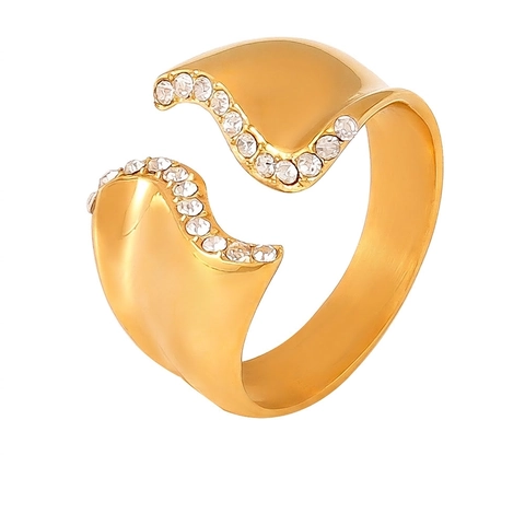 Anello Aperto A Onda Irregolare In Acciaio Inossidabile Con Strass Regolabile Placcato Oro Argento Minimalista Moda Per Donne