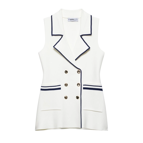 Dames Witte Gebreide Vest Mouwloze Gilet Dubbele Rij Knopen Gouden Knopen Contrast Bies Preppy Elegante Kantoor Top