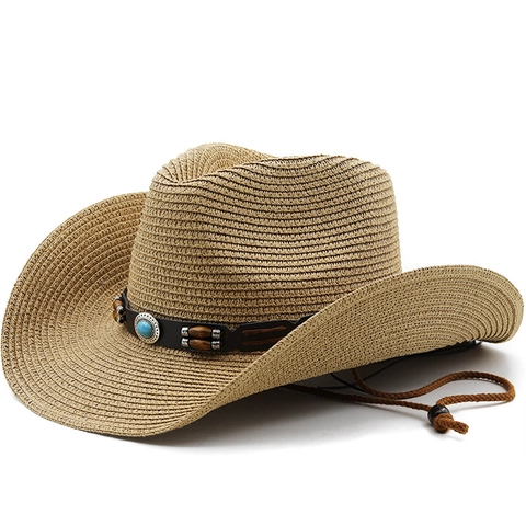 Western Cowboy Strohoed Brede Rand Zonbescherming Bohemia Turquoise Houten Kralen Decoratieve Riem Verstelbaar Windtouw Unisex