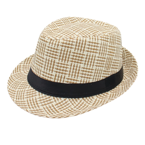 Klassischer Trilby Fedora Hut Gewebtes Papierstroh Karo Muster Atmungsaktiv Sonnenschutz Sommer Strand Urlaub Jazz Stil