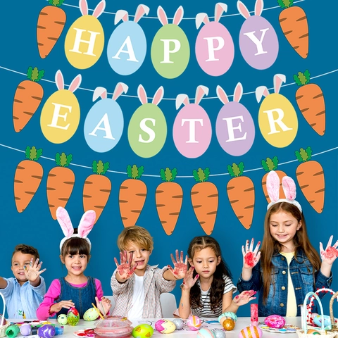 Happy Easter Banner Colorful Carrot Bunny Egg Cardboard Garland DIY Party Decoration Festive Props