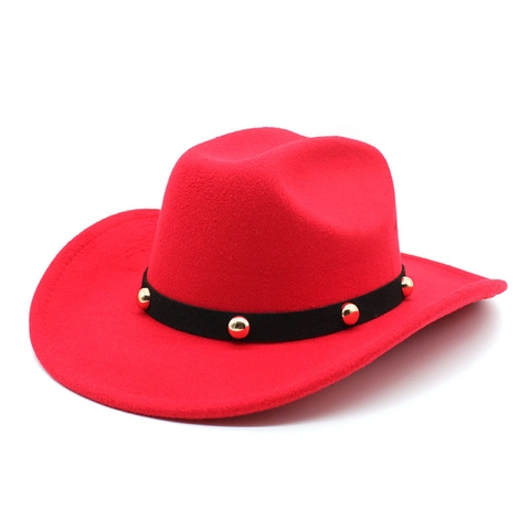 Western Cowboy Hat Wool Felt Wide Brim Fedora With Gold Rivets Black Band Retro British Style For Women And Men