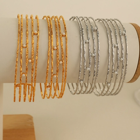 Titanium Steel Multi-Layer Open Bangle For Women Textured Gold Silver Plated C-Shape Bracelet With Artificial Pearl