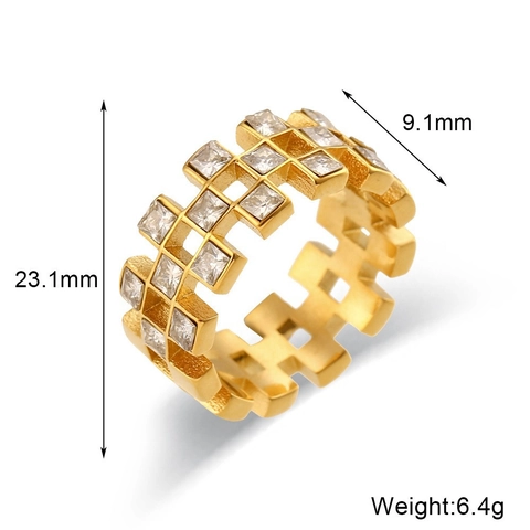 Edelstahl Zirkonia Ringe Für Damen 18K Vergoldet Bandring Geometrisch Mikro Eingelegt Schachbrett Finger Schmuck Mode