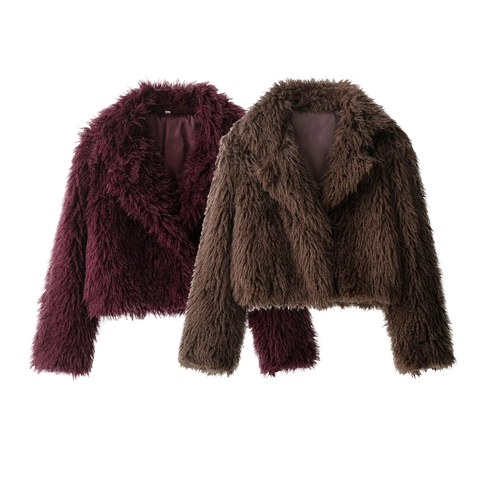 Cappotto Corto In Pelliccia Sintetica Donna Giacca Peluche Manica Lunga Revers Colore Solido Elegante Caldo Moda